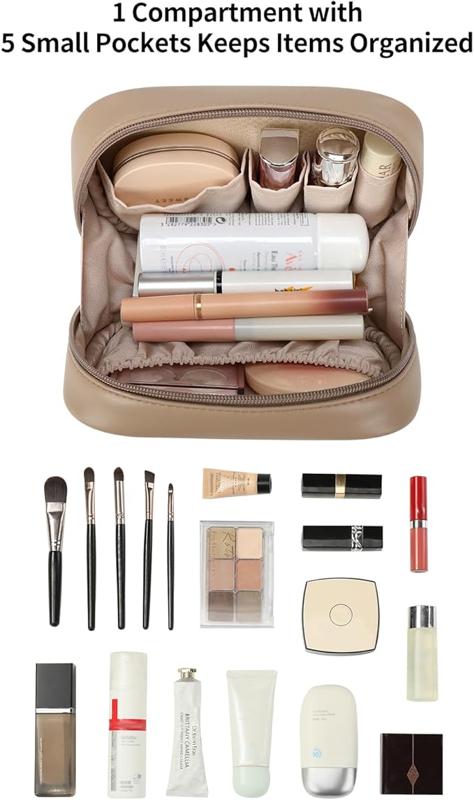 RIGHT AWAY Small Makeup Bag for Purse,Travel Cosmetic Bag Organizer for Women,Cute Make Up Pouch Waterproof Toiletry Bag with Zipper,Portable Makeup Case Skincare Bag for Travel Accessories(Khaki)