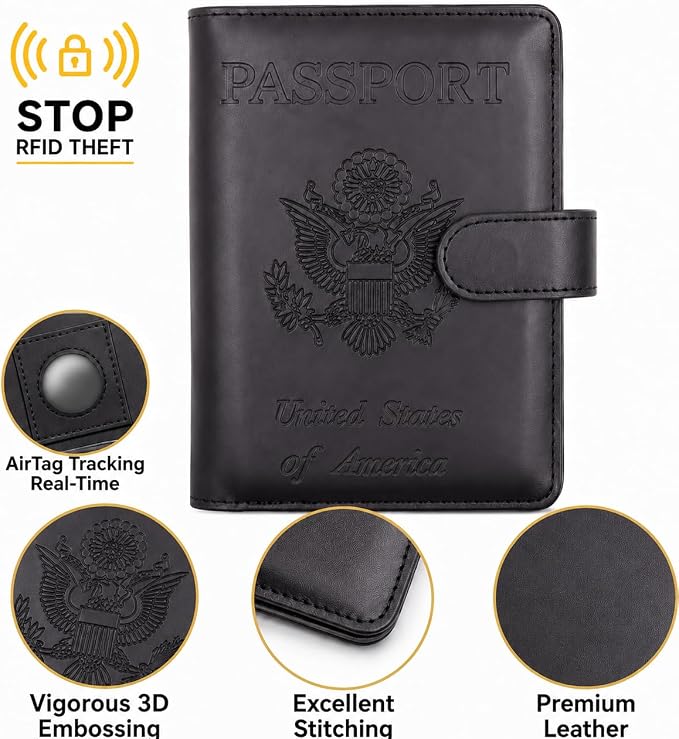 Passport Holder with RFID Blocking Leather Travel Wallet | Multiple Card Compartments, SIM Card Access, Compact Carry Design, Flight Ready Essentials for Men & Women, Black