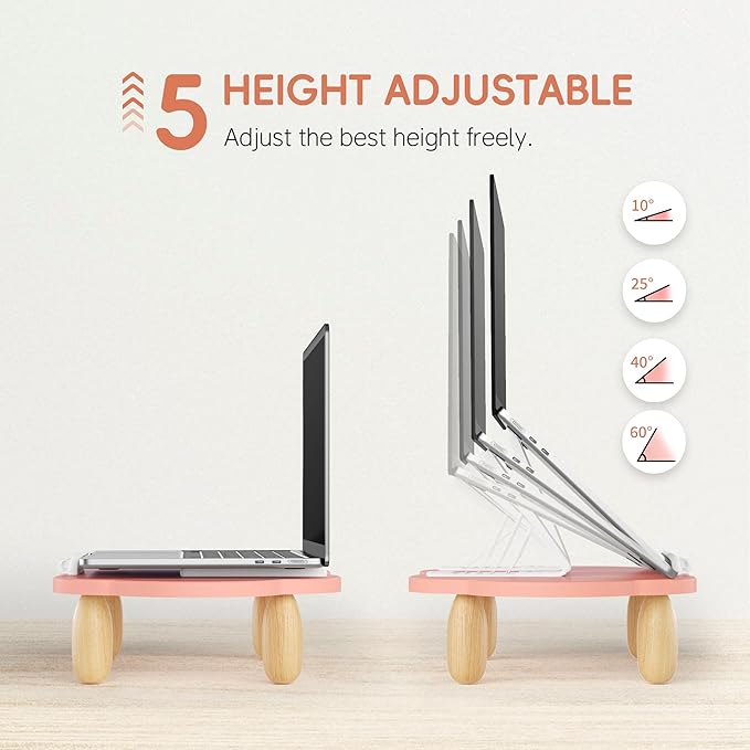 AFOOYO Adjustable Wood Laptop Stand, Ergonomic Height Angles Computer Stand, Cloud-Shaped Holder Riser Notebook Stand for Desk Compatible with Air, Pro, Dell, HP, Lenovo More 10-17.3" Laptops, Pink