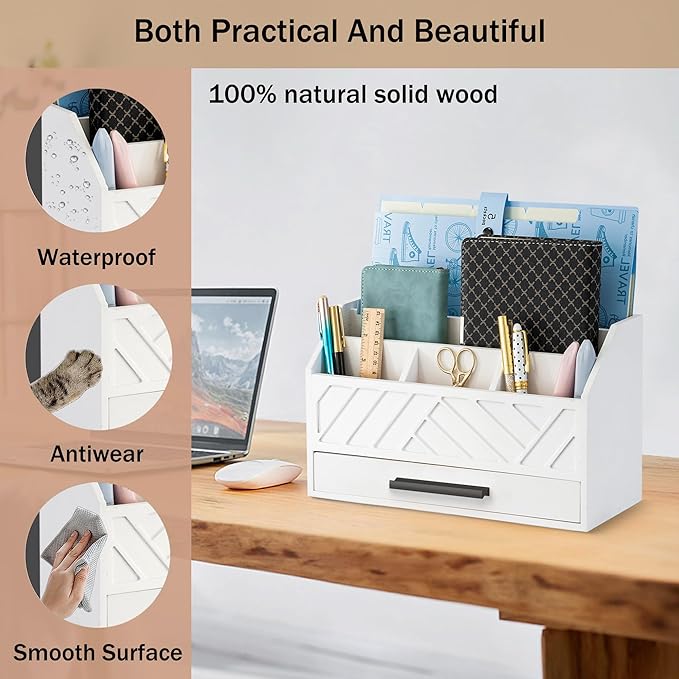 Wood Desk Organizer and Accessories with Drawer, Bill Mail Organizer and File Mail Holder for Office Supplies, Modern Desk Accessories & Workspace Organizers for Desk Organization