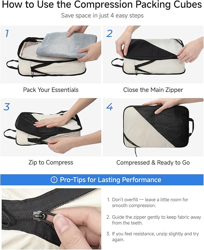 LUGGEX Compression Packing Cubes for Travel, 4 Set Lightweight Luggage Organizer Bags with Shoe Bag, Space Saving Suitcase Packing Cubes for Carry-On (POX01, Beige)