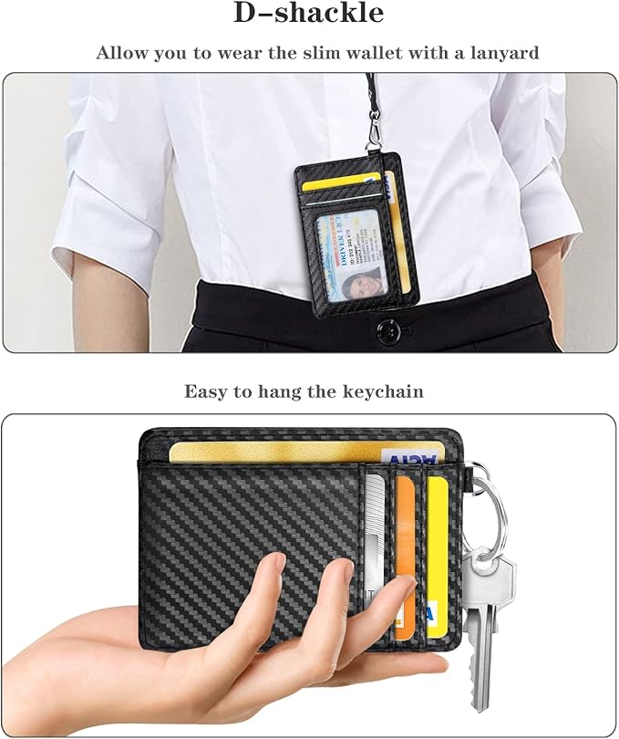 Coco Rossi Slim Front Pocket Wallet RFID ID Card Holder Cute Small Wallet with Keychian for Women,Carbon Fiber