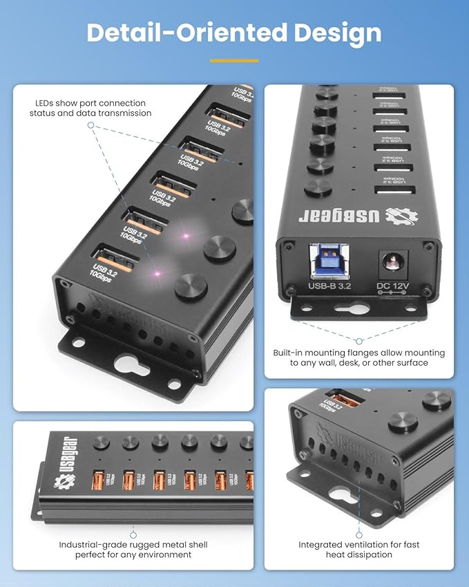 USBGear 7 Port USB Hub 3.2 Gen 2 – 10Gbps Charging Hub with Individual On/Off USB Ports for Laptop, PC, Desktop, 12V/4A Power Adapter with Type-A to Type-B Cable (3ft), Computer Accessories