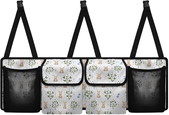 Cute Rabbit Print Car Trunk Organizer with 4 Pockets Foldable Car Backseat Storage Bag Detachable Car Storage Accessories for SUV Sedans Hatchback Crossover Minivan