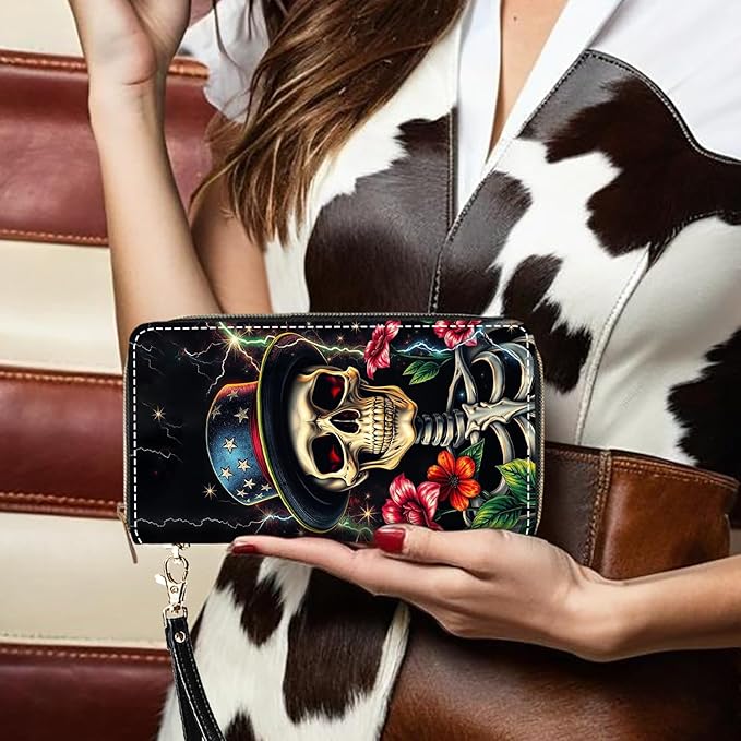 Funny Skull Flower Print Women Large Capacity PU Leather Zip Around Wallet, Multifunctional Clutch Purse for Cash/Card/Coin/Smart Phone