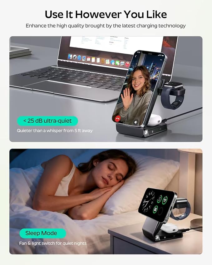 Doge&Vollar 3 in 1 Qi2.2 25W MagSafe Wireless Charging Station, Foldable Charger Stand for iPhone 17 16 Pro Max, Apple Watch & AirPods, Fast Low-Heat Desk Travel Charger with 45W Adapter, Aluminum