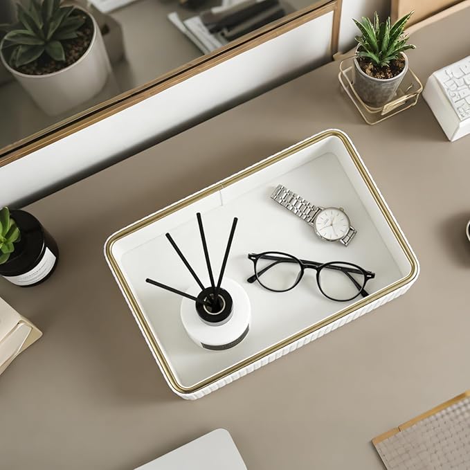 PU Leather Valet Tray,Desk Organizer Tray Nightstand Organizer Trinket Dish Storage Key Bowl Decorative Trays for Phone Wallet Jewelry Watch,Bathroom Bedroom Perfume Vanity Trays,Cream White