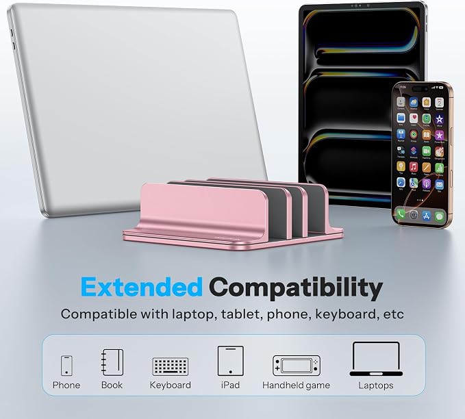 OMOTON Vertical Laptop Stand [Updated 3-Solts Version], Desktop Aluminum Mac Book Stand with Adjustable Dock Size, Fits All Mac Book, Surface, Chrome Book and Gaming Laptops (Up to 17.3 in),Rosegold