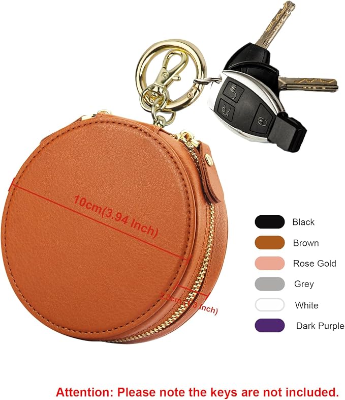 Bocasal Coin Pouch Mini Lipstick Cosmetic Bag with Airtag Holder Mirror, Leather Zipper Travel Makeup Bag Organizer Keychain Ring Clasp for Keys Earbuds Earphone Lip Gloss Chapstick Women Girl (Brown)
