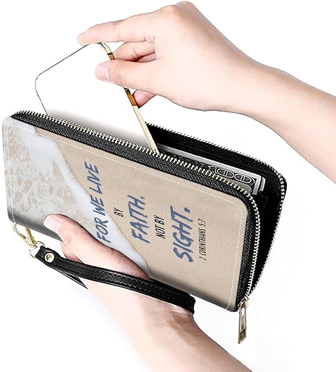 Women's Large Capacity Wallet PU Leather Zip Around Clutch Purse Multifunctional Wallet with Removable Wristlet Strap for Smart Phone/Coin/Card/Cash, Beach Waves Quote 2 Corinthians 5:7
