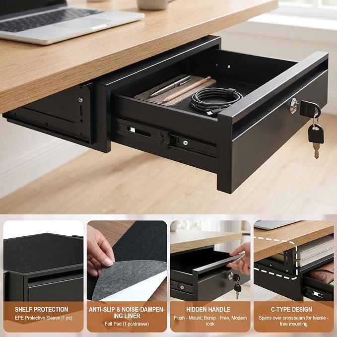 POPMOON 16in Under Desk Drawer with Lock Pull Out Storage Organizer | Carbon steel under desk drawer with lock,smooth slide rails, adjustable mounting height, supports up to 33 lb