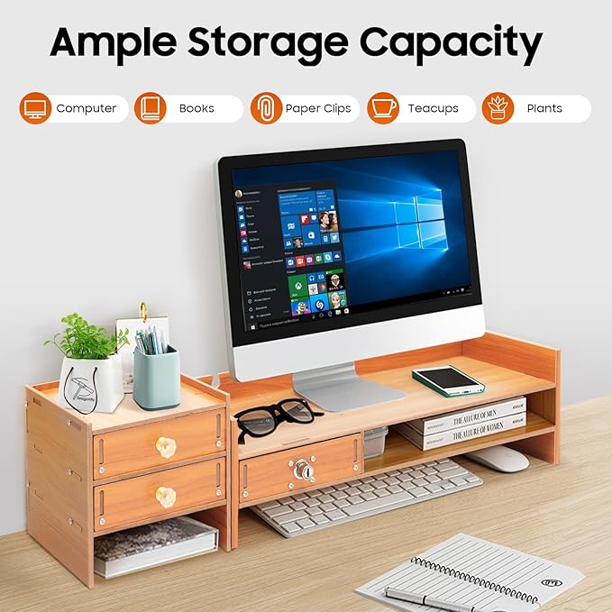Wood Computer Monitor Stand, Computer Rack with Adjustable Desktop Storage Organizer and Drawer, Tabletop Monitor Stand for Computer Printer Cellphone