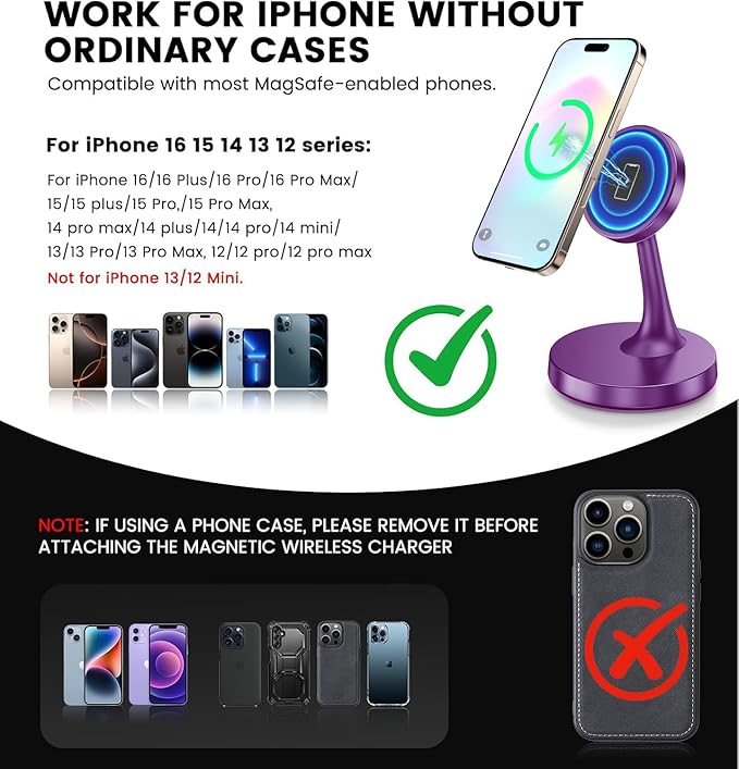 Magnetic Wireless Charger iPhone Stand, 15W Fast Mag-Safe Charger iPhone 17/17 Air/17 Pro/17 Pro Max 16/15/14/13/12 Series Magnet Wireless Charging Station/Pad/AirPods for Home, Office, Travel