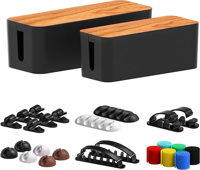 Cable Management Box 2 Pack with 16 Cable Clips Set-Large & Medium & Small Wooden Style Cable Organizer Box to Hide Wires&Power Strips | Cord Organizer Box | Cable Organizer for Home & Office [Black]