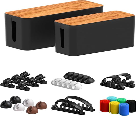 Cable Management Box 2 Pack with 16 Cable Clips Set-Large & Medium & Small Wooden Style Cable Organizer Box to Hide Wires&Power Strips | Cord Organizer Box | Cable Organizer for Home & Office [Black]
