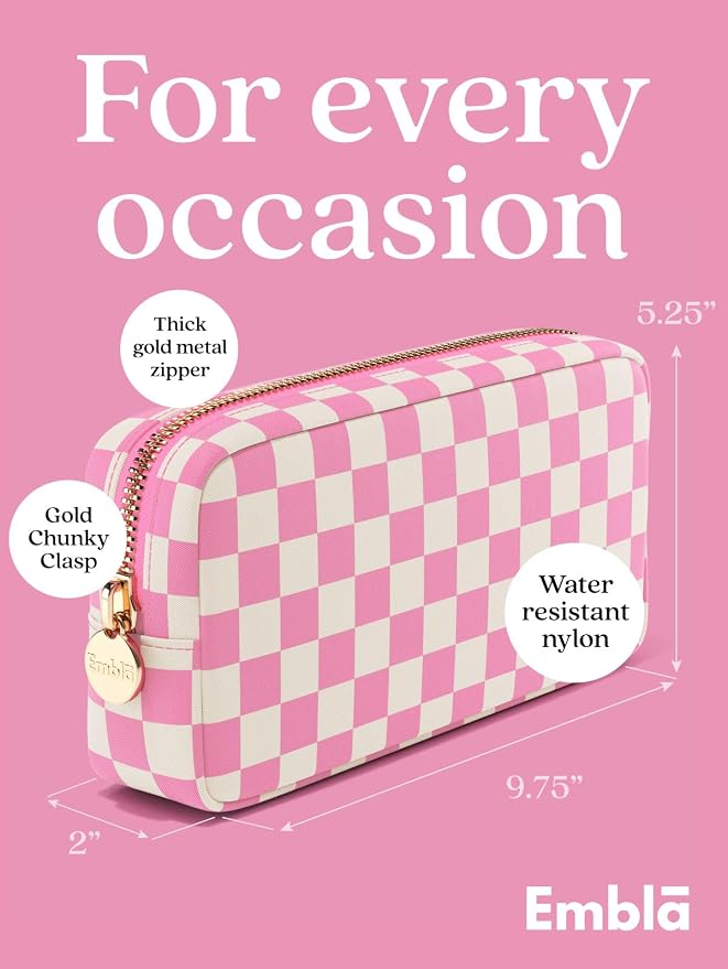 Makeup Bag Travel Cosmetics Pouch and Toiletry Bag, Nylon Zipper Pouch Purse, Cute Make Up Organizer Storage Tote for Women Girls, Travel Skincare Case, Small Makeup Case, Flamingo Checkered