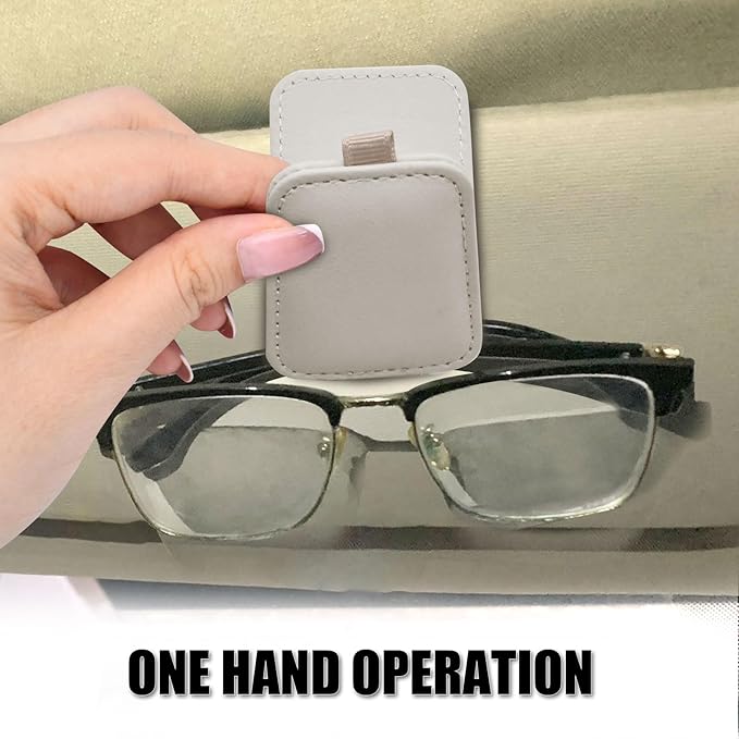 2 Pack Leather Car Sunglass Holder, Magnetic Leather Glasses Eyeglass Hanger Clip for Car, Sunglass Clip Glasses Holder for Car Visor-Beige