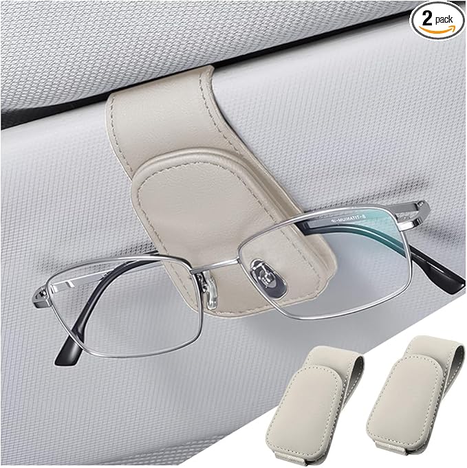 zipelo Sunglasses Holder for Car Sun Visor, 2 PCS Magnetic Leather Eyeglass Hanger, Sun Glasses Mount Clip on Visors, Ticket Card Cash Organizer, Auto Interior Accessories (Light Beige)