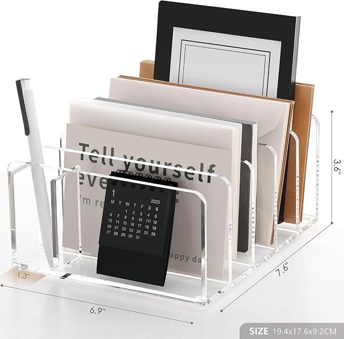 SANRUI Acrylic Mail Sorter Desktop Organizer with Pen Holder, 5 Compartments Clear Small File Script Letter Document Storage for Desk Bill Filling Envelope Holder Office, Home, School Organization