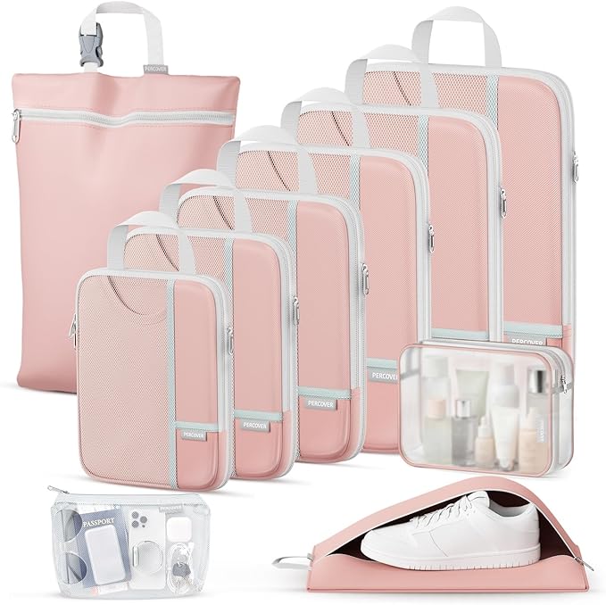 Percover Compression Packing Cubes 10-Piece Set, Packing Cubes Compression for Travel with Toiletry Bag, Laundry Bag & Shoe Bag, All-in-One Travel Organizer for Carry On & Checked Luggage, Pink