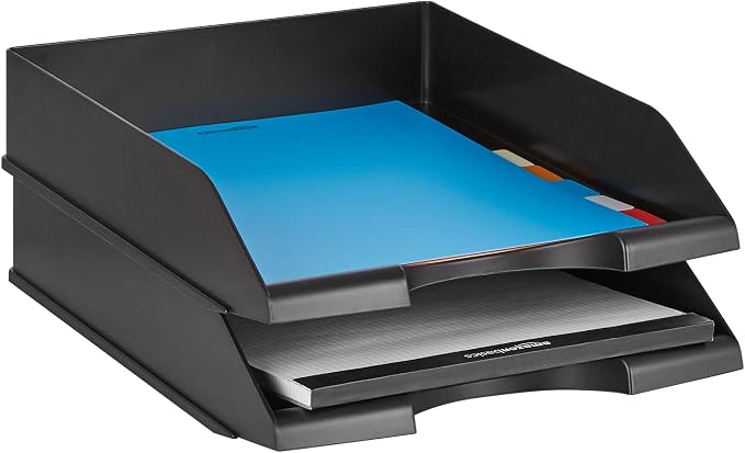 Amazon Basics Rectangular Stackable Office Letter Tray, Desk Organizer for Paper and Document Storage, Black, 12-Pack