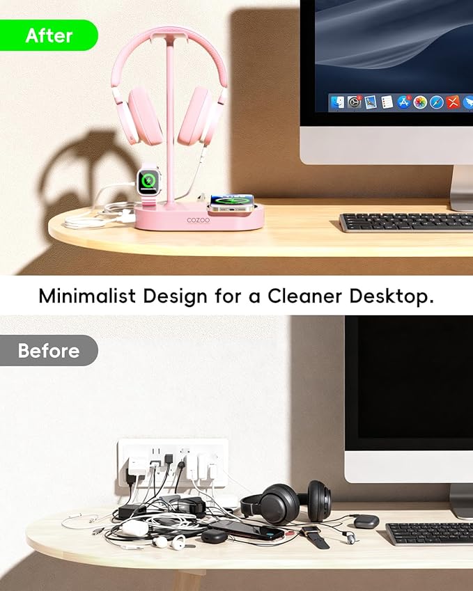 cozoo Pink Headphone Stand with 15W Wireless Charger, USB & Type-C Ports,Cute Desk Gaming Headset Holder,Gifts for Women,Teen Girls, Girlfriend,Gamer Girls,Aesthetic Desk Accessories, for Her