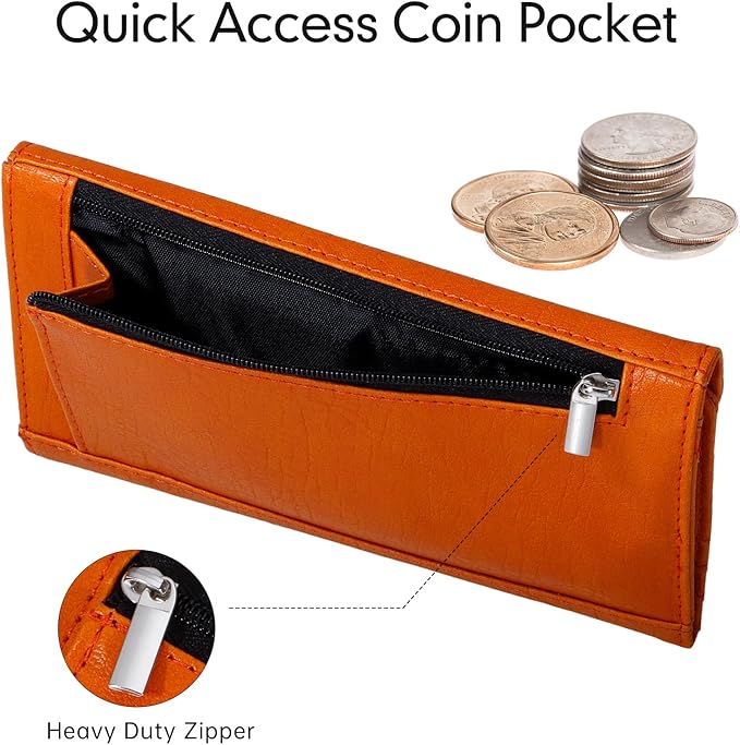 RFID Slim Wallet for Women Thin Card Holder Travel Trifold Clutch Ladies Long Billfold, 2 ID Windows, Orange