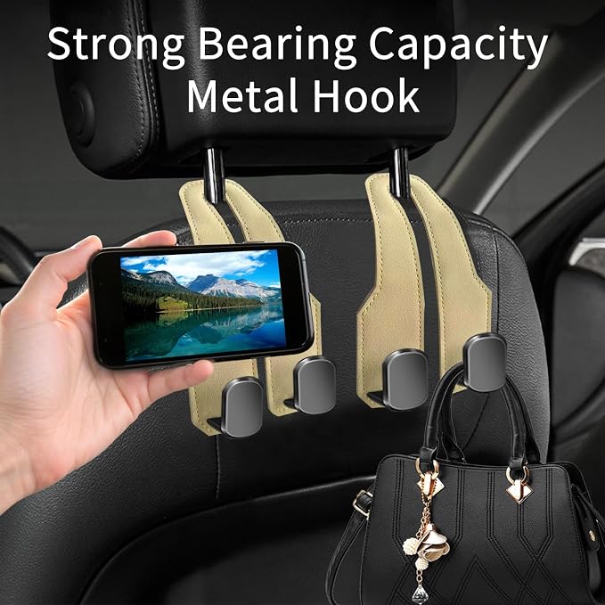Car Seat Headrest Hooks for Purses and Bags, 4 Pack Bag Purse Holder for Car with Double Metal Hooks, Car Purse Hanger, Headrest Back Seat Handbags Hook Cute Hanging Accessories, Beige