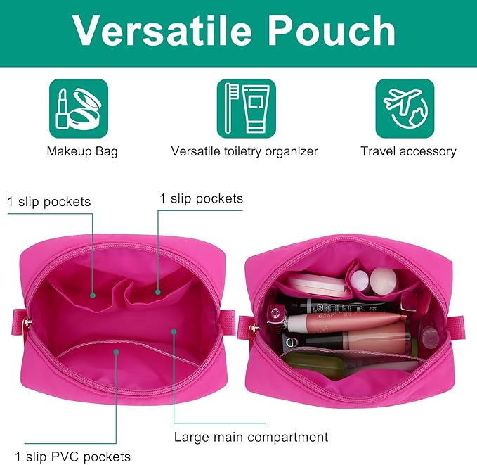 Travel Makeup Bag for Women, Small Cosmetic Bags Organizer Toiletry Bag, Nylon Pouch Travel Essentials Toiletries Accessories Brushes, Hot Pink
