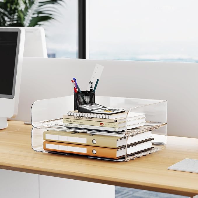 Tomorotec Desk Letter Tray Set, A4 Size Clear PET Stackable Document Organizer Office Desktop File Paper Holder Book Storage Rack Side Load Anti-Skid Stacking Support Convex Bottom (2X Landscape)