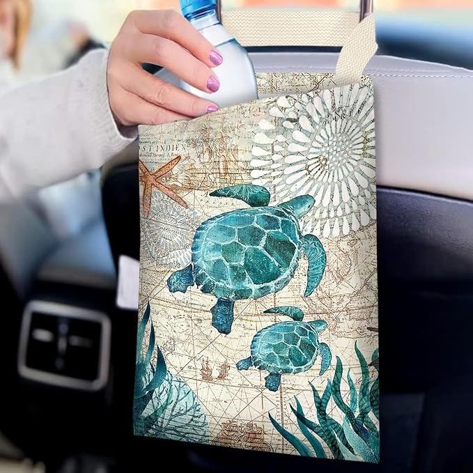 Car Trash Bag Hanging No Snap Small Garbage Bag for Car Back Seat Cute Printed One-handed Strap Trash Bags Car Accessories-Sea Turtle Car Trash Bags