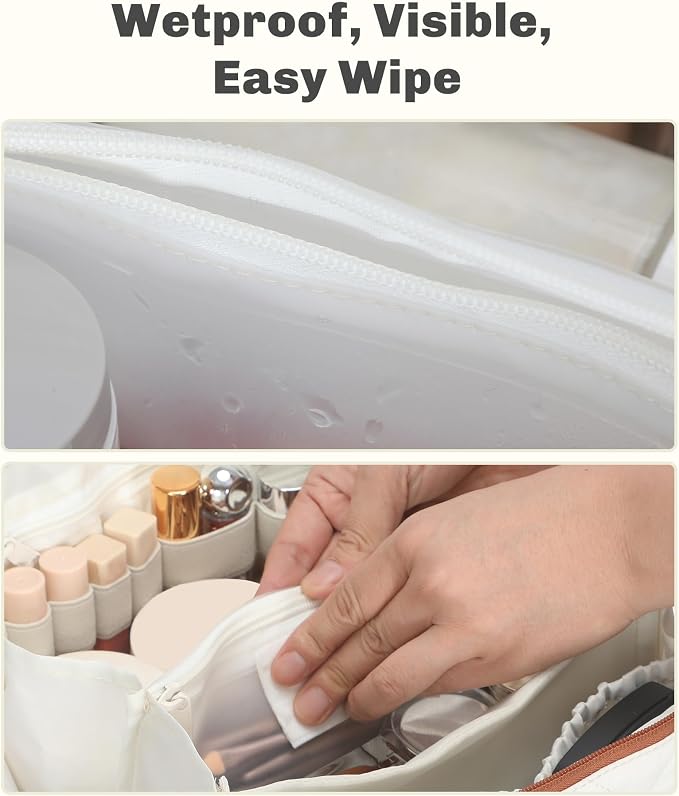 Hynes Eagle Travel Makeup Bag for Women Puffy Cosmetic Organizer Pouch Open Flat Toiletry Bag for Toiletries Brushes Structured Base White