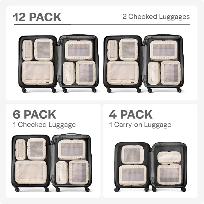 Aerotrunk Compression Packing Cubes for Travel - Luggage Organizer Bags - Double Zipper Packing Cubes for Suitcases (12-Pack, Beige)