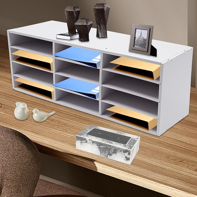 12-Slot Desktop Organizer, Minimalist Design Mailbox, File Sorter w/Top Platform for Hold Cables/Files/Keys, Desktop Bill Paper Organizer for Office & Home(White, 12 Slot, Style 2)
