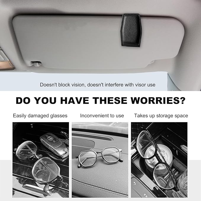2PCS Sunglasses Holders for Car Sun Visor, Magnetic Leather Auto Visor Glasses Organizer Ticket Card Clip, Universal Eyeglasses Hanger Mounter for Most Cars, Trucks, SUVs (Black)