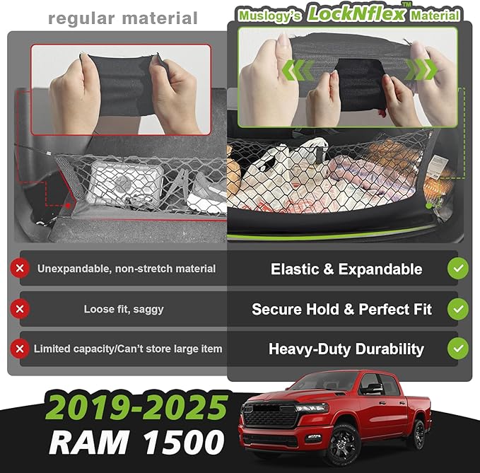 Muslogy Truck Bed Cargo Net Trunk Netting Compatible with Dodge Ram 1500 2019-2025 2026 Accessories, Pickup Cargo Organizer SUV Sedan Storage Net w/Heavy Duty Carabiners