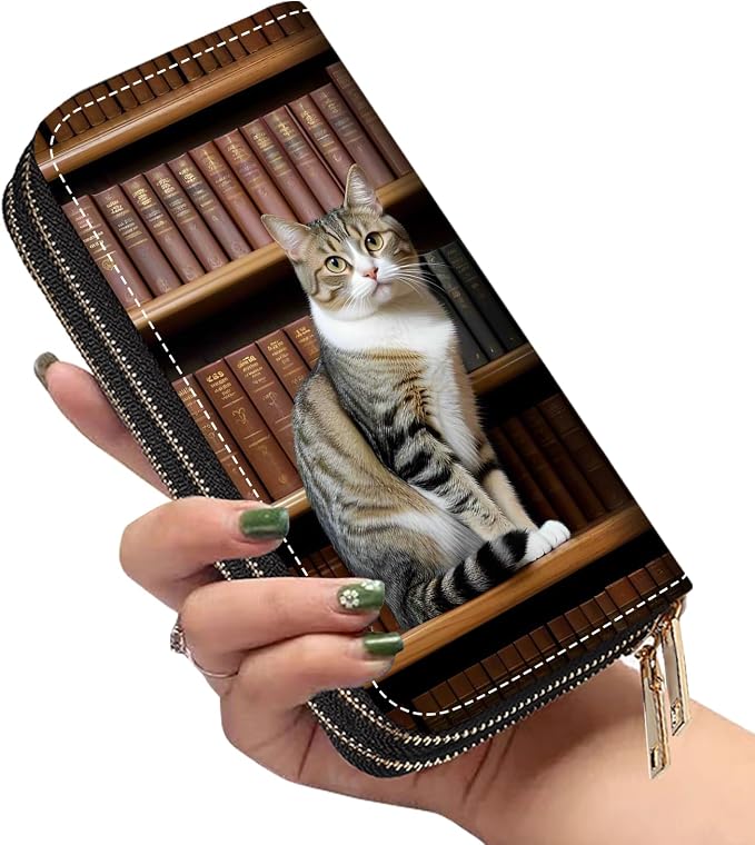 Women's Large Capacity Wallet PU Leather Double Zipper Clutch Purse Multifunctional Wallet with Removable Wristlet Strap for Smart Phone/Coin/Card/Cash, Cat On Bookshelf