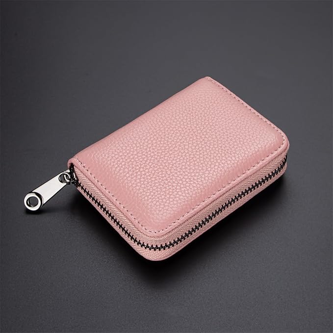 Suweibuke Genuine Leather Credit Card Holder Zipper Wallet RFID Blocking Secure Card Case ID Case Organizer (Pink)