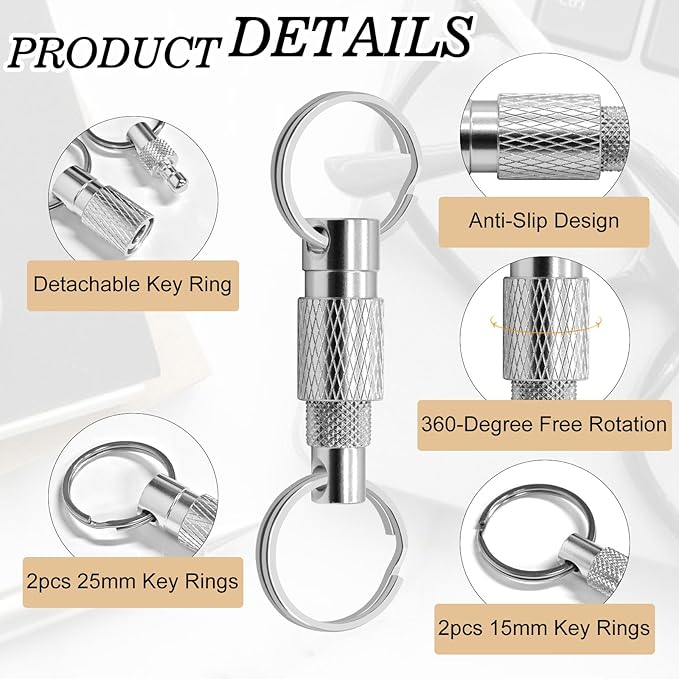 Quick Release Keychain for Men 2 Pack Detachable Key Ring with Secure Lock 360° Swivel,Pull Apart Keychain Includes 2 Split Rings,Aluminum Alloy Car Key Holder for Purse,Bag,Belt Loop (Black,Silver)