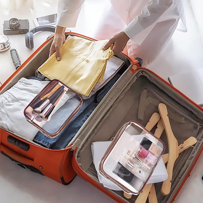 5Pcs Crystal Clear PVC Travel Toiletry Bag Kit for Women Men, Waterproof Vinyl Packing Organizer Storage Bags with Zipper Handle Straps, Cosmetic Pouch Carry on Airport Airline Compliant Bag Handbag