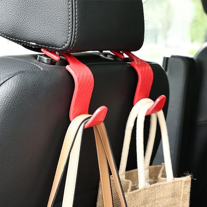 Osilly Car Seat Headrest Hook, 4 Pack Auto Seat Hanger Storage Organizer for Purse Handbag Coats Grocery Bags, Car Interior Accessories, Universal Vehicle Backseat Plastic Hanging Hook (Red)