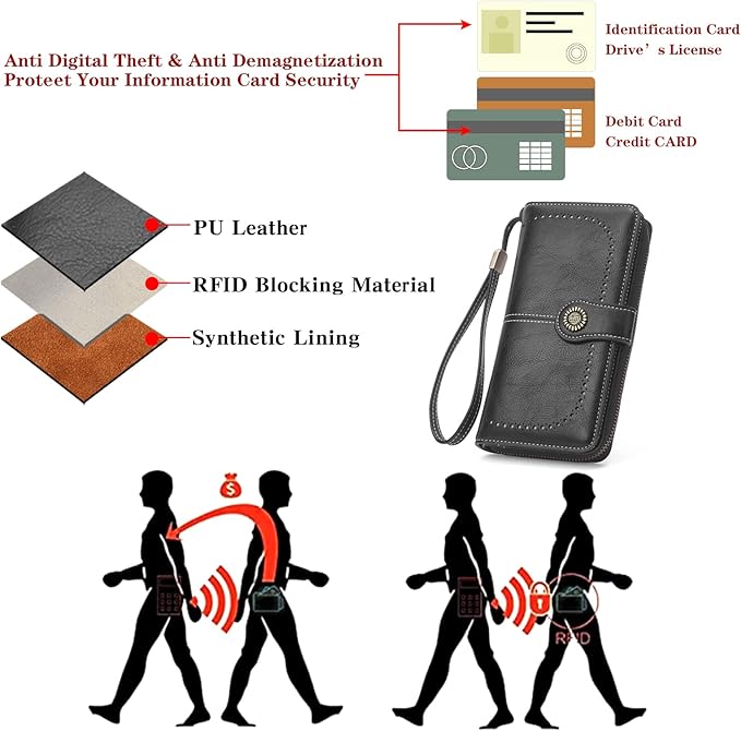 RNIEGA Womens Wallet Leather Billfold RFID Blocking Credit Card Holder Wristlet Wallets for Women Ladies Purses with Zipper Coin Pocket