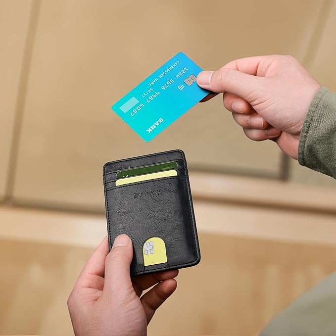 Buffway Mens Slim Wallet, Minimalist Thin Front Pocket Leather Credit Card Holder with RFID Blocking for Work Travel | Minimalist, Thin, Front Pocket, Credit Card Holder, RFID Blocking, for Work Travel