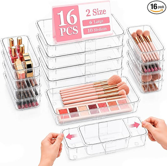 16 PCS Clear Drawer Organizer Set, Expandable Acrylic Vanity Storage Bins, 2 Sizes Adjustable Plastic Junk Drawer Dividers, BPA-Free Non-Slip Stackable Organizers for Makeup, Bedroom, Office & Tools