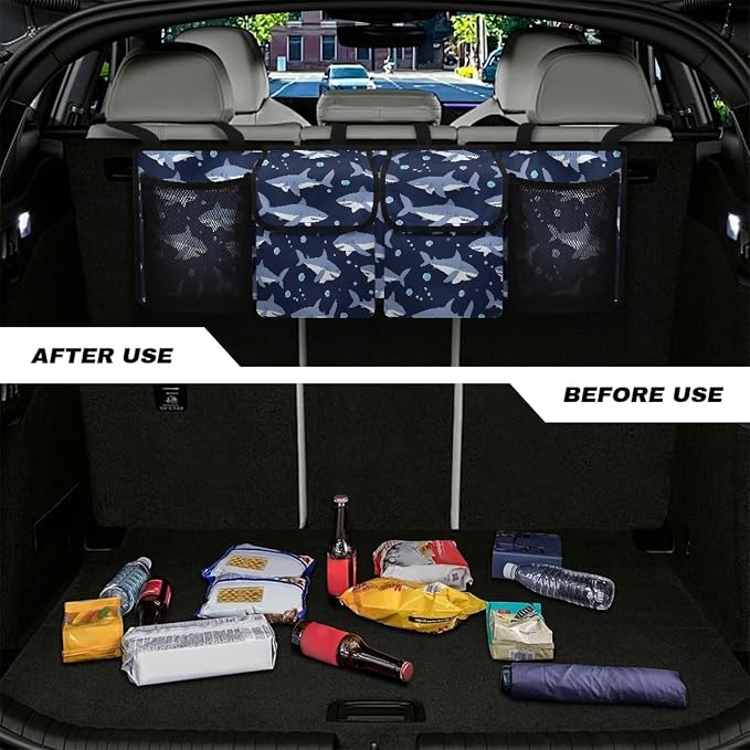 Shark Car Trunk Organizer Storage - Collapsible Pocket Automotive Expandable Sturdy Straps Folding Cargo Store for Auto Backseat