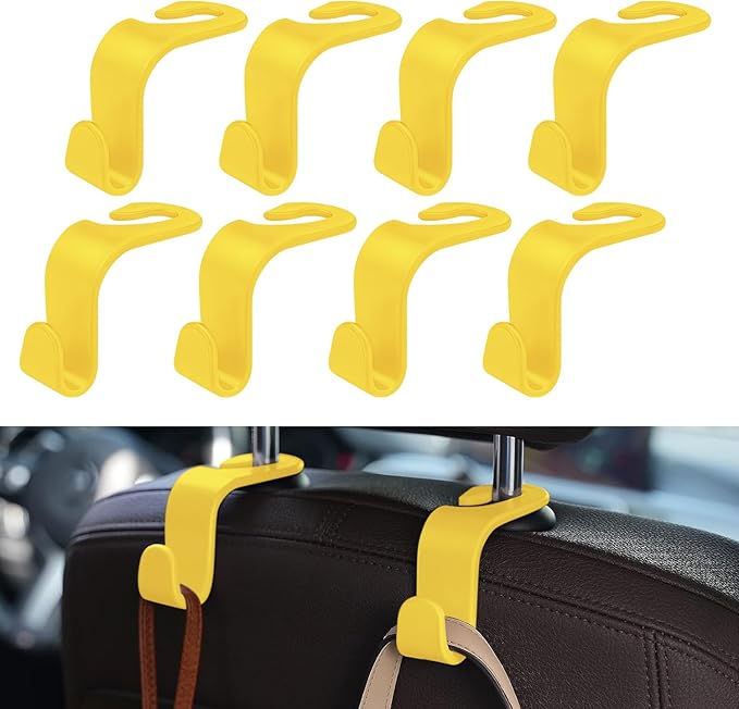 8 Pack Car Seat Headrest Hooks with 44 Pounds Load Capacity, Hangers Storage Organizer Universal Car Interior Accessories for Handbags Water Bottles Purse Coats Umbrellas, Yellow