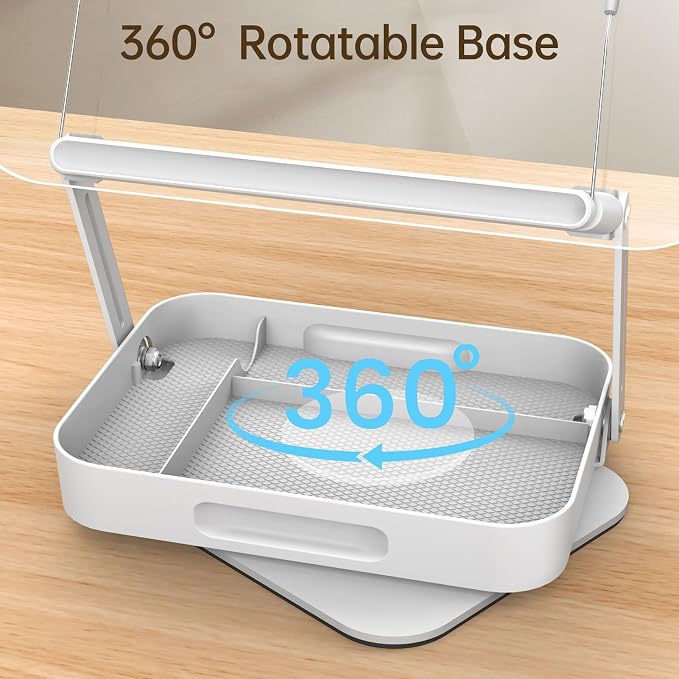 Bisofice Desktop Book Stand for Reading with Rotate Base Acylic Panel Page Clips Storage Compartments Foldable and Angle Adjustable for Laptop Holder Book Magazine Document Tablet (White)