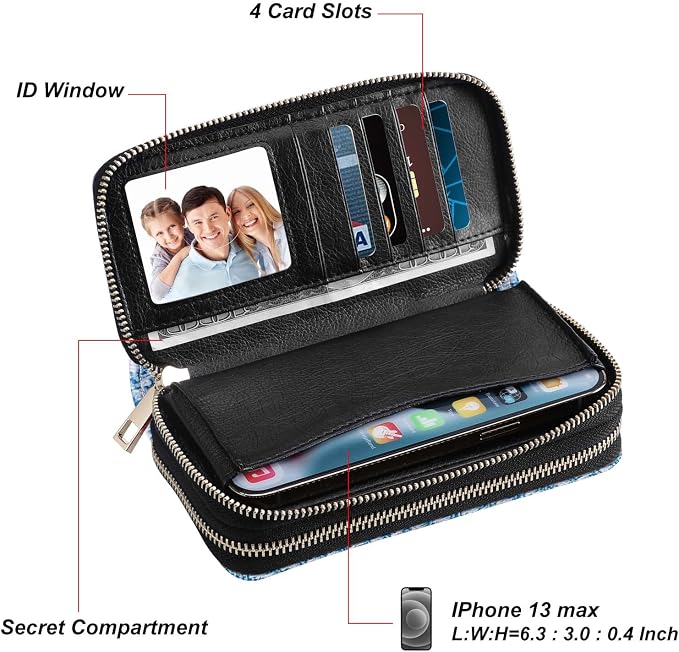 Cellphone Wallet for Women Dual Zipper Long Purse with Removable Wristlet