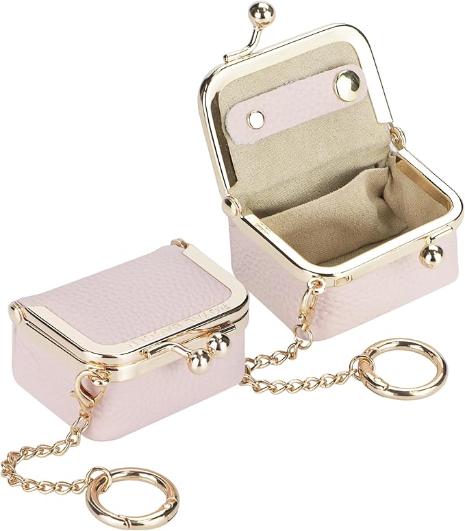 Royal Bagger Genuine Cow Leather Mini Jewelry Box Women's Coin Purse Solid Color Kiss Lock Change Pouch Casual Style Small Storage Bag for Women 1894 (Pink with Chain)