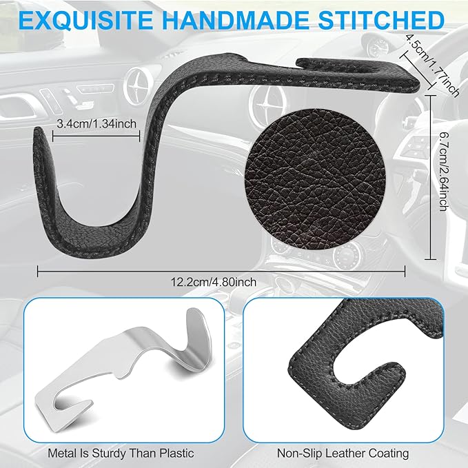 EldHus Seat Hooks for Purses and Bags, 4 Pack Car Purse Holder for Grocery Bag Handbag Clothes, Metal Headrest Hooks Covered by Leather, Black